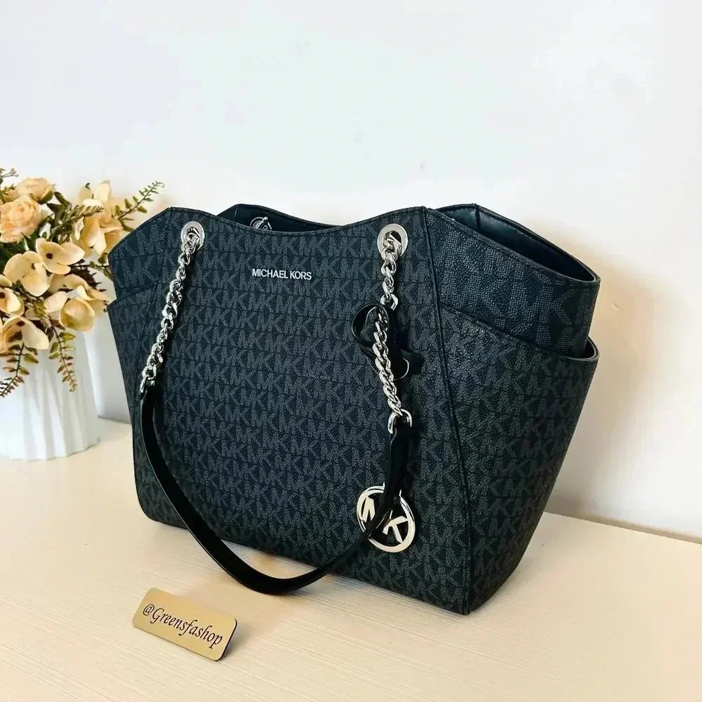 Michael Kors Purse jet set travel large chain tote shoulder bag black signature - Picture 2 of 10